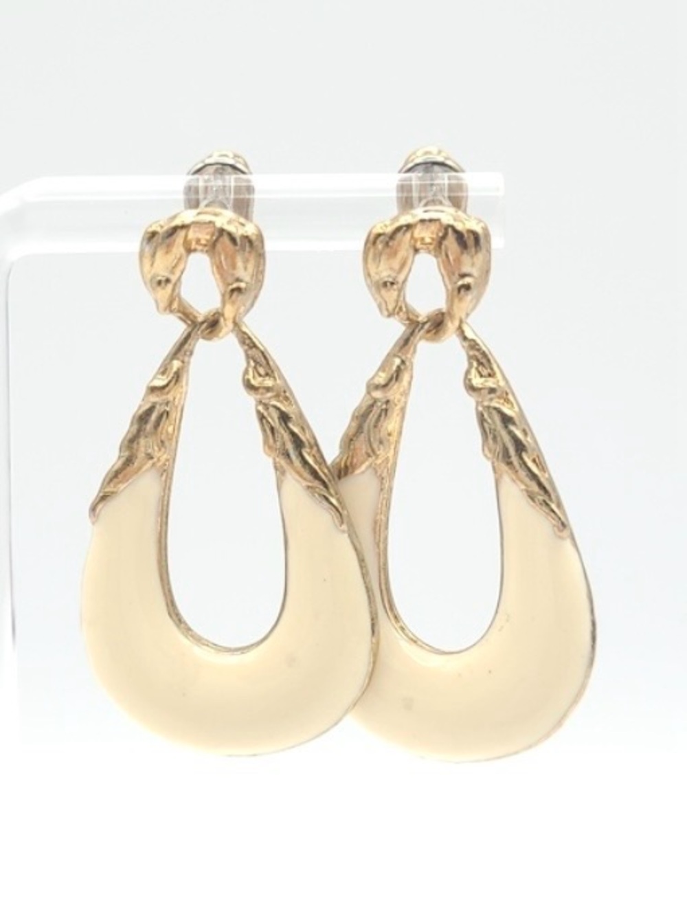 Vintage Cream Enamel Gold Tone Teardrop Drop Earrings Statement